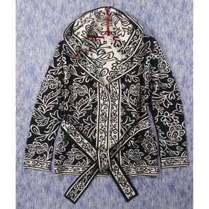 NEVE Hooded Wool Cardigan Sweater Womens Medium Gray Floral Artsy Tie Waist